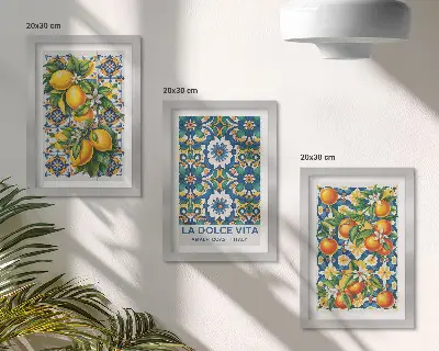 Tríptico com moldura com estampas abstratas cítricas e coloridas