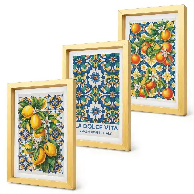 Tríptico com moldura com estampas abstratas cítricas e coloridas