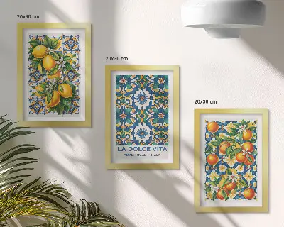 Tríptico com moldura com estampas abstratas cítricas e coloridas