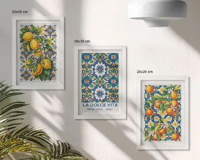Tríptico com moldura com estampas abstratas cítricas e coloridas