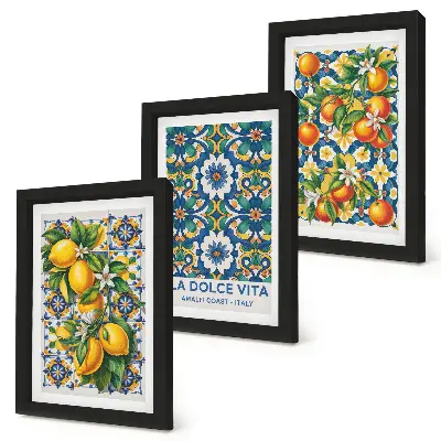 Tríptico com moldura com estampas abstratas cítricas e coloridas