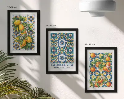 Tríptico com moldura com estampas abstratas cítricas e coloridas