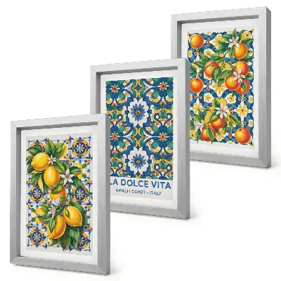 Tríptico com moldura com estampas abstratas cítricas e coloridas