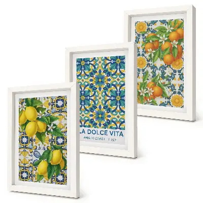 Conjunto de 3 quadros decorativos com estampa de flores de limão e laranjas ao estilo italiano