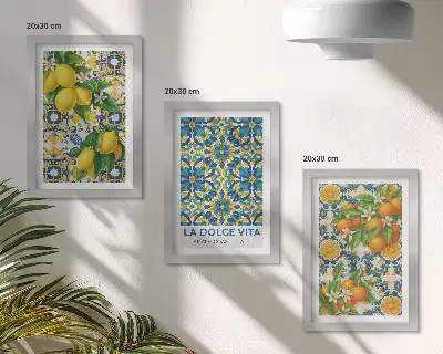 Conjunto de 3 quadros decorativos com estampa de flores de limão e laranjas ao estilo italiano