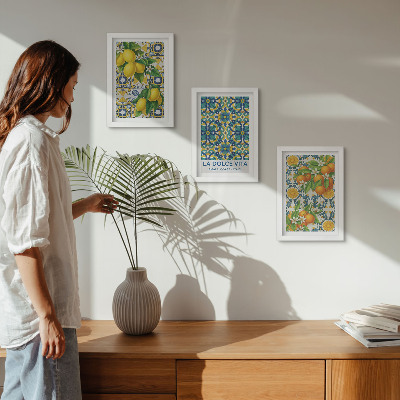 Conjunto de 3 quadros decorativos Flores de limão e laranjas ao estilo italiano