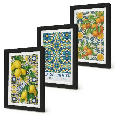 Conjunto de 3 quadros decorativos com estampa de flores de limão e laranjas ao estilo italiano
