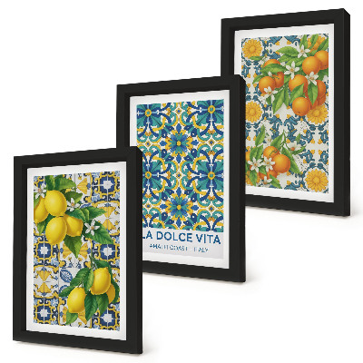 Conjunto de 3 quadros decorativos Flores de limão e laranjas ao estilo italiano