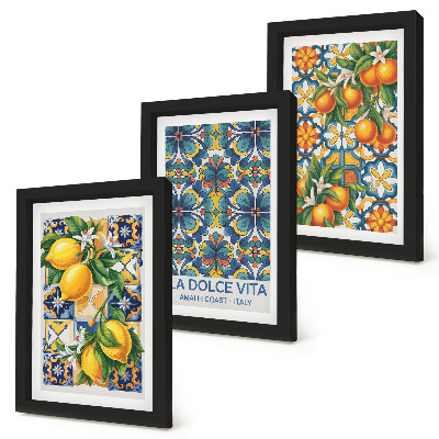 Conjunto de molduras com imagens Flores de limão e laranjeira em padrões coloridos