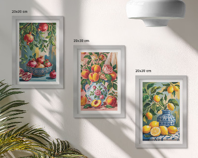 Conjunto de 3 quadros decorativos Composições de frutas com romãs, limões e pêssegos.