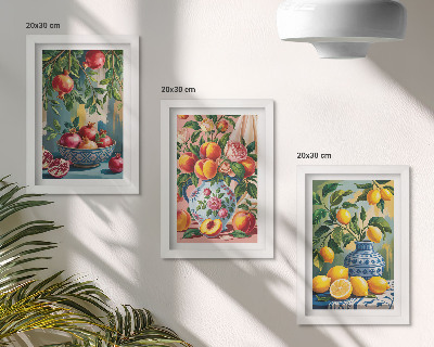 Conjunto de 3 quadros decorativos Composições de frutas com romãs, limões e pêssegos.