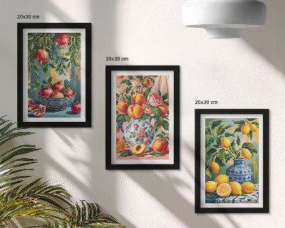 Conjunto de 3 quadros decorativos Composições de frutas com romãs, limões e pêssegos.