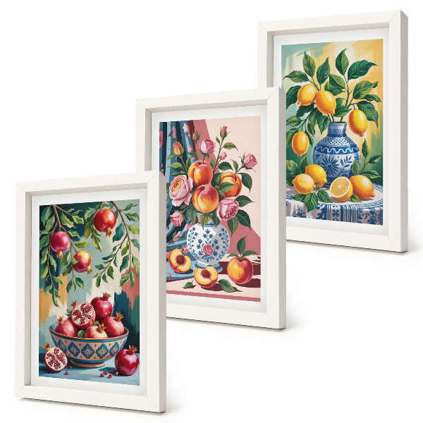 Tríptico com moldura Flores e frutas pintadas em vasos
