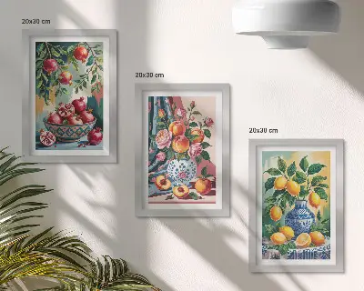 Tríptico de flores e frutas pintadas em vasos com moldura