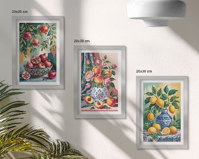 Tríptico com moldura Flores e frutas pintadas em vasos