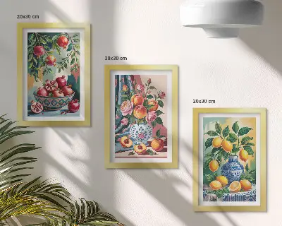 Tríptico de flores e frutas pintadas em vasos com moldura