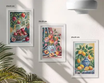 Tríptico de flores e frutas pintadas em vasos com moldura