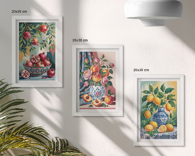 Tríptico com moldura Flores e frutas pintadas em vasos