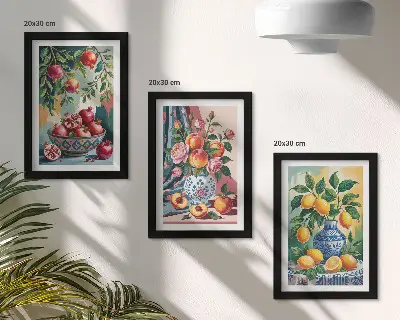 Tríptico de flores e frutas pintadas em vasos com moldura