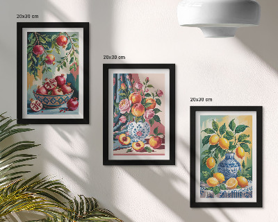 Tríptico com moldura Flores e frutas pintadas em vasos