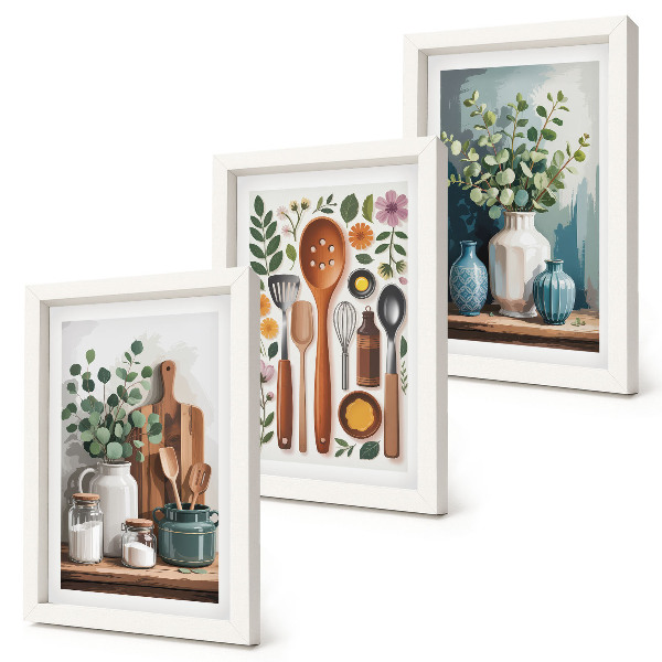 Conjunto de 3 quadros decorativos Acessórios de cozinha com plantas em estilo moderno