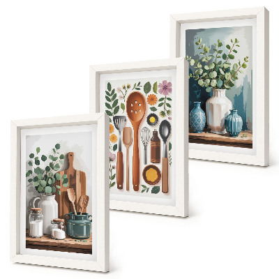 Conjunto de 3 quadros decorativos Acessórios de cozinha com plantas em estilo moderno