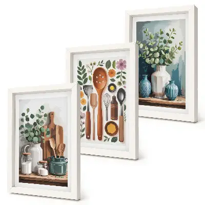 Conjunto de 3 quadros decorativos de cozinha com plantas em estilo moderno