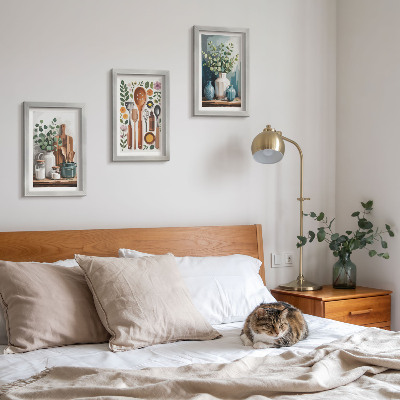 Conjunto de 3 quadros decorativos Acessórios de cozinha com plantas em estilo moderno