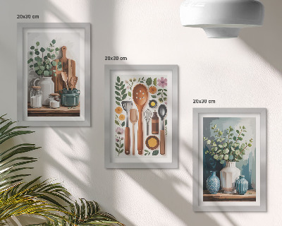 Conjunto de 3 quadros decorativos Acessórios de cozinha com plantas em estilo moderno