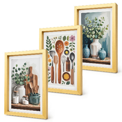 Conjunto de 3 quadros decorativos Acessórios de cozinha com plantas em estilo moderno