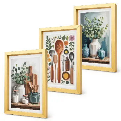 Conjunto de 3 quadros decorativos de cozinha com plantas em estilo moderno