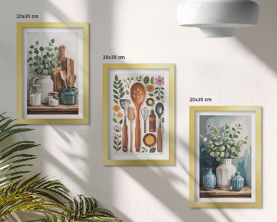 Conjunto de 3 quadros decorativos Acessórios de cozinha com plantas em estilo moderno