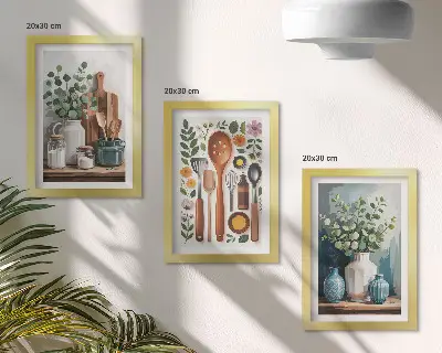 Conjunto de 3 quadros decorativos de cozinha com plantas em estilo moderno
