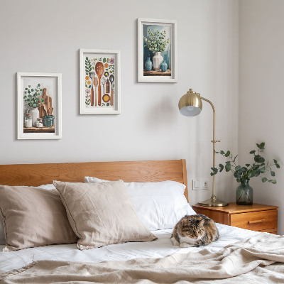 Conjunto de 3 quadros decorativos Acessórios de cozinha com plantas em estilo moderno