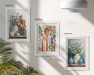 Conjunto de 3 quadros decorativos Acessórios de cozinha com plantas em estilo moderno