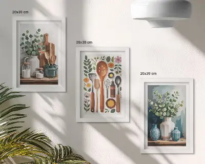 Conjunto de 3 quadros decorativos de cozinha com plantas em estilo moderno