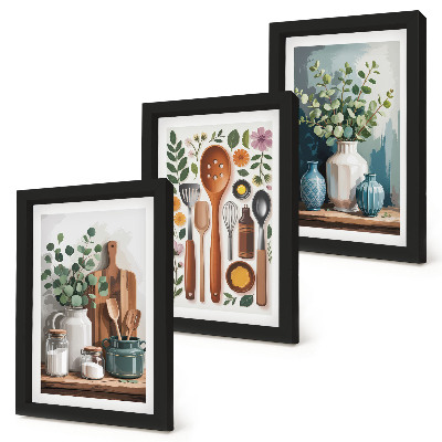 Conjunto de 3 quadros decorativos Acessórios de cozinha com plantas em estilo moderno