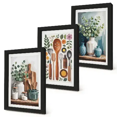 Conjunto de 3 quadros decorativos de cozinha com plantas em estilo moderno