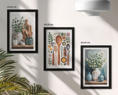Conjunto de 3 quadros decorativos Acessórios de cozinha com plantas em estilo moderno