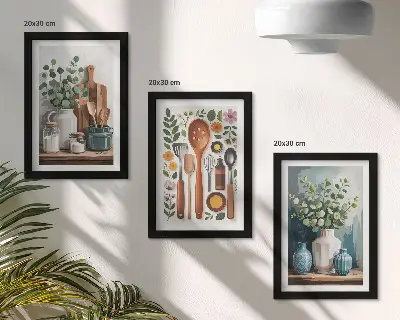 Conjunto de 3 quadros decorativos de cozinha com plantas em estilo moderno