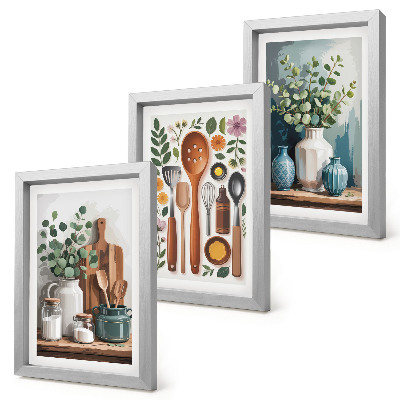Conjunto de 3 quadros decorativos Acessórios de cozinha com plantas em estilo moderno