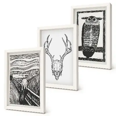 Conjunto de molduras com imagens inspirado no filme Pânico com ilustração de caveira e coruja em estilo gráfico