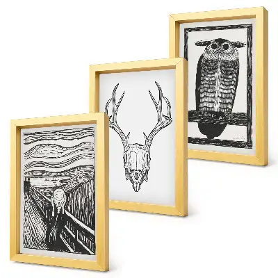 Conjunto de molduras com imagens inspirado no filme Pânico com ilustração de caveira e coruja em estilo gráfico