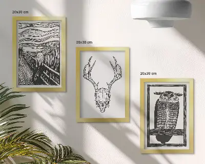 Conjunto de molduras com imagens inspirado no filme Pânico com ilustração de caveira e coruja em estilo gráfico