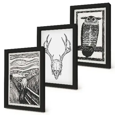 Conjunto de molduras com imagens inspirado no filme Pânico com ilustração de caveira e coruja em estilo gráfico