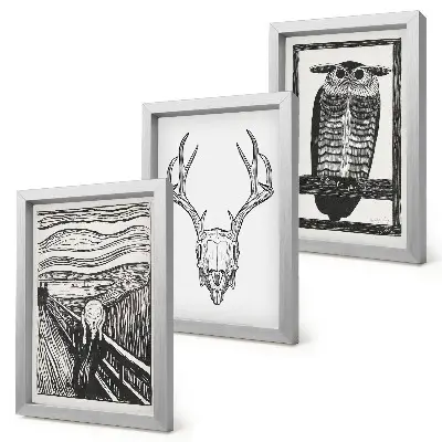 Conjunto de molduras com imagens inspirado no filme Pânico com ilustração de caveira e coruja em estilo gráfico