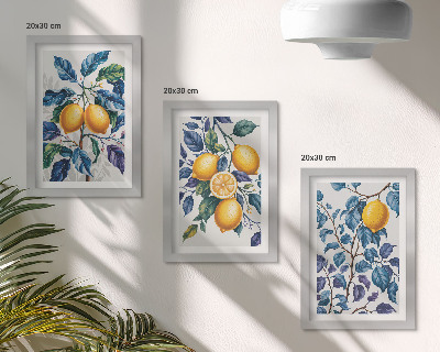 Conjunto de 3 quadros decorativos Limões em galhos com folhas azuis