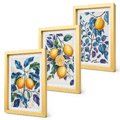 Conjunto de 3 quadros decorativos com estampa de limões em galhos com folhas azuis