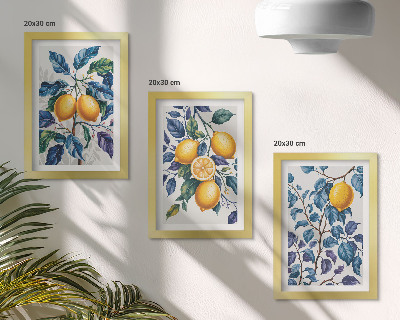 Conjunto de 3 quadros decorativos Limões em galhos com folhas azuis
