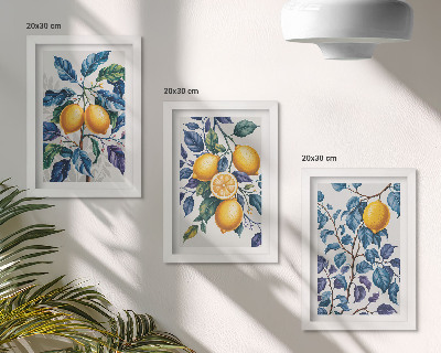 Conjunto de 3 quadros decorativos Limões em galhos com folhas azuis